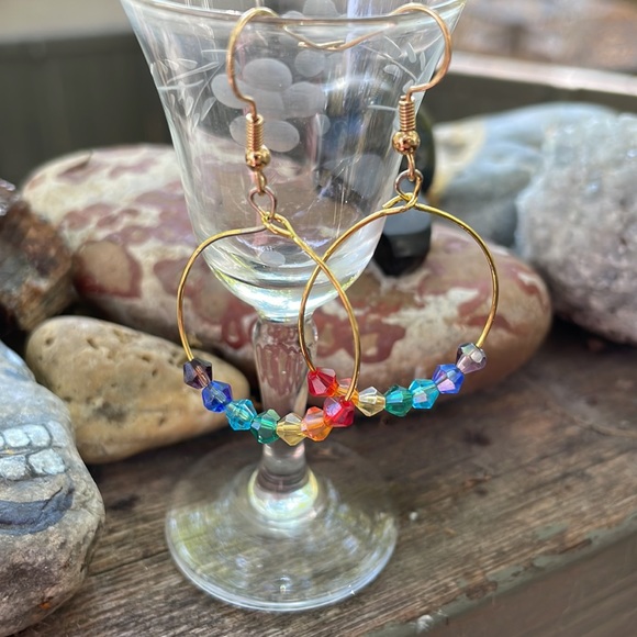 Handmade Chakra Coloured Crystal Beads on Goldtone Hoops & Hypoallergenic Hooks - Picture 3 of 3